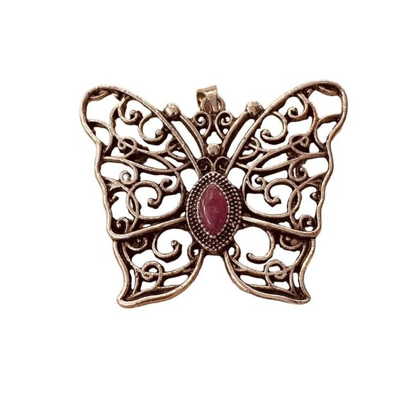Silvertone Butterfly Pendant Brooch Purple Jewel 1.5" Filigree Style - Picture 1 of 14